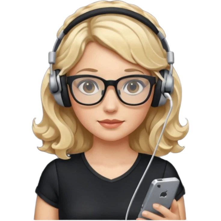 
gamer, woman with blond wavy hair, tight black dress with a white line with glasses, headphone, gamepad emoji