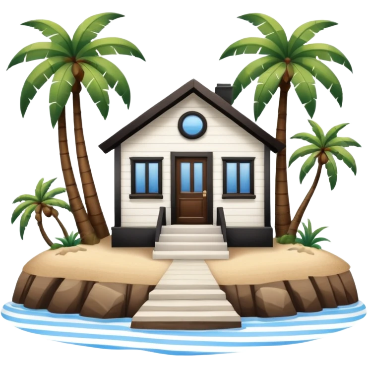 A full square 1 by 1   white and blue stripe house horizontally with brown wooden door on a island with palm trees  emoji