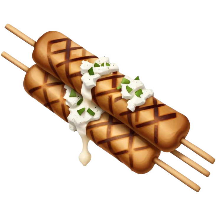Souvlaki Cinematic Realistic Souvlaki Dish Emoji, depicted as skewered, grilled meat served with a side of crumbled feta cheese, rendered with rich textures and dynamic, appetizing lighting. emoji