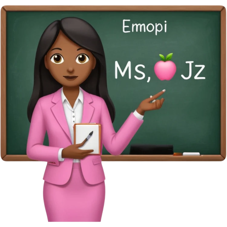 a brown skin teacher with hair with black straight long hair wearing pink not hot pink 2 piece set teaching up on a board the board says Ms. J emoji