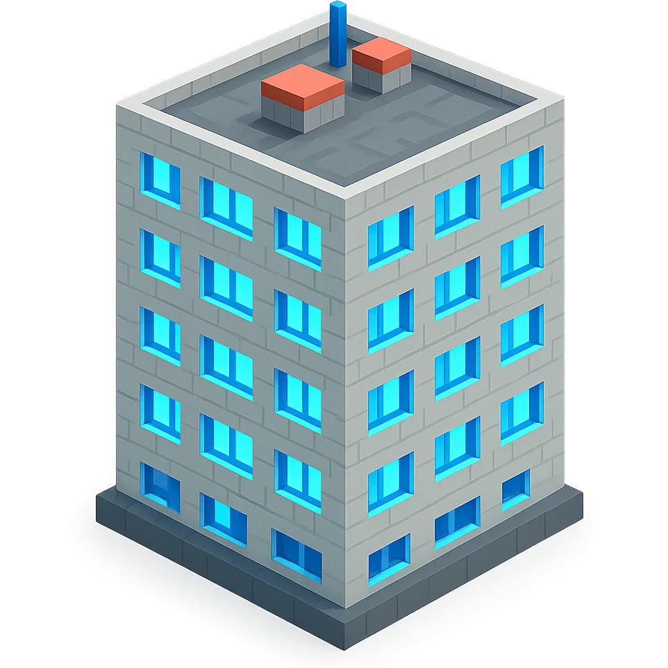 Russian panel apartment building, compact square block, light gray, UV glowing windows, isometric view emoji