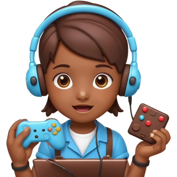 Cartoon chocolate mini pastry wearing tiny headset, holding tiny controller, focused excited eyes, chibi style, Twitch emoji style, transparent background, colorful
 emoji