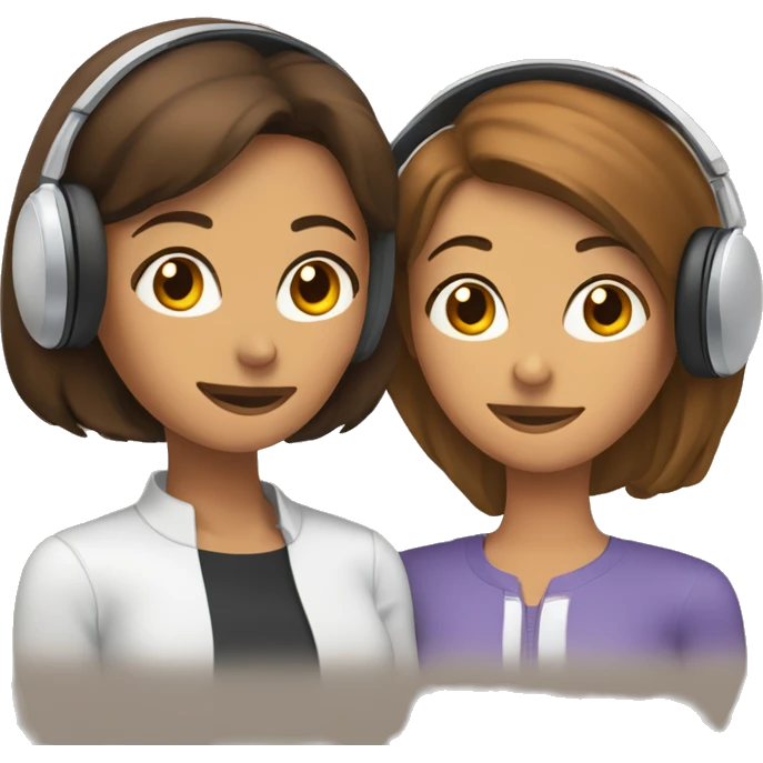 woman with brown, short hair wearing wired headphones sitting next to a woman with long brown hair resting her head on the other woman’s shoulder emoji