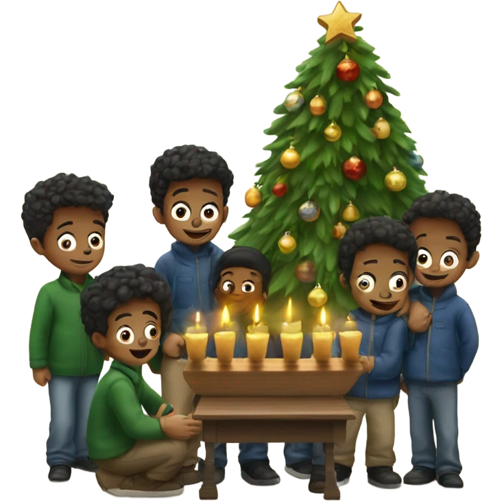 Six boys huddled round Christmas tree and menorah  emoji
