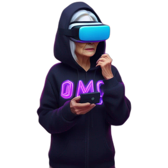 Russian old woman wearing a black hoodie with "OMG" letters on it and VR headset in a cyberpunk VR environment with violet neon lighting. emoji