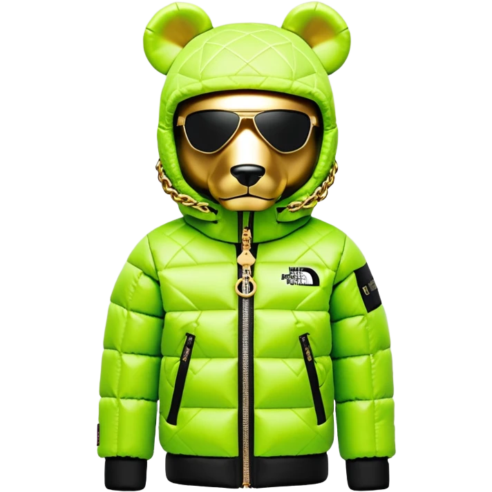 perfectly crafted bearbrick with authentic geometric shape, premium lime balaclava with professionally integrated dark visor lens, Supreme x North Face collaboration puffer jacket with luxurious fur trim, multiple detailed gold chains, ultimate collector's piece emoji