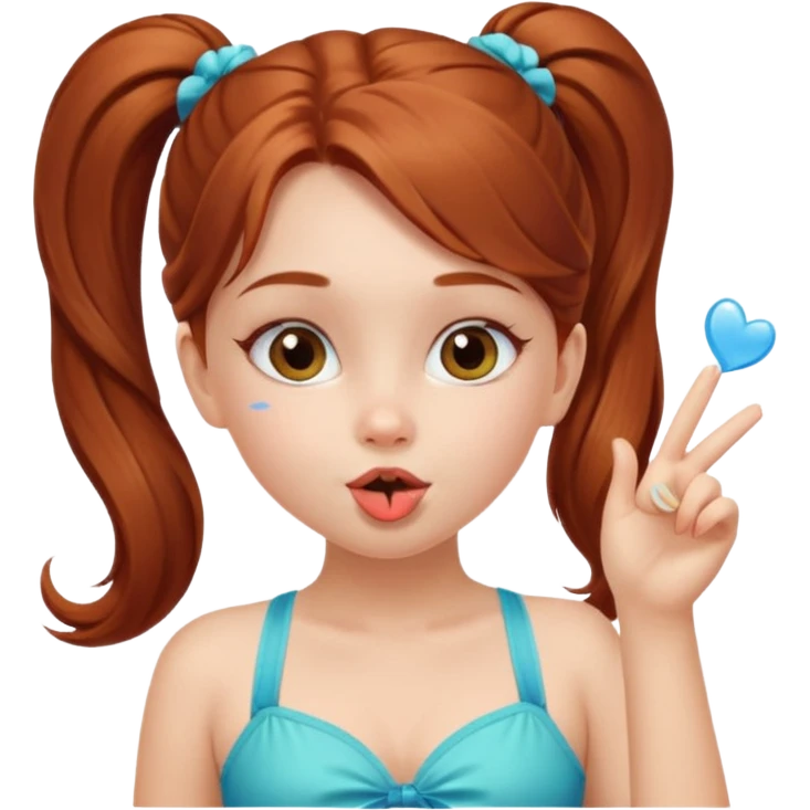 A cute ukrainian girl, with long auburn hair two side ponytails, in a bathing costume, she's blowing a kiss. emoji