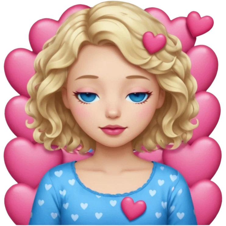 Girl Blonde short wavy hair,  blue eyes, cute blue top, long lashes, pink lips, sleeping eyes closed, hearts  emoji