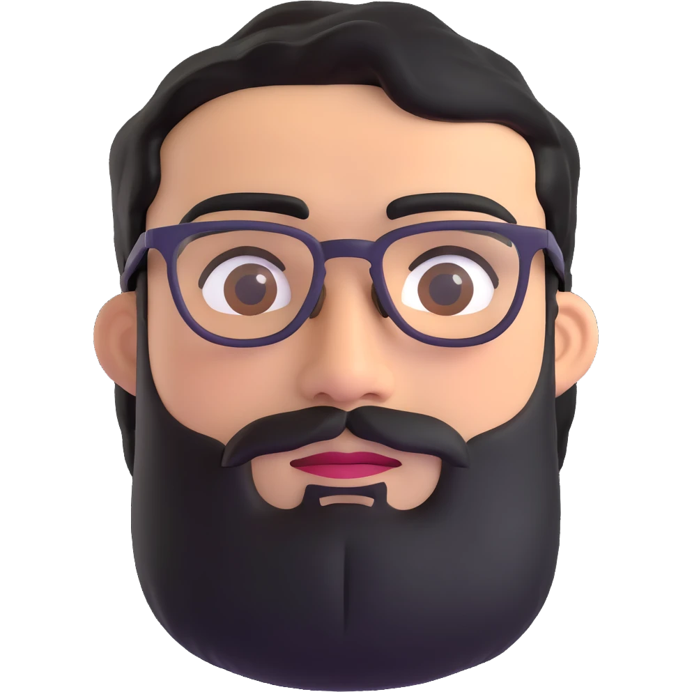 man with medium black beard, black hair, connected eyebrows, olive tan skin, brown eyes, and glasses emoji