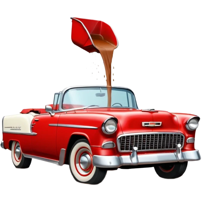 1955 Chevrolet Bel Air Convertible, Red-White color, with a bucket of brown mud pouring down on it, and the car itself is all dirty. 32x32 pixels, aspect ratio: 1:1 emoji
