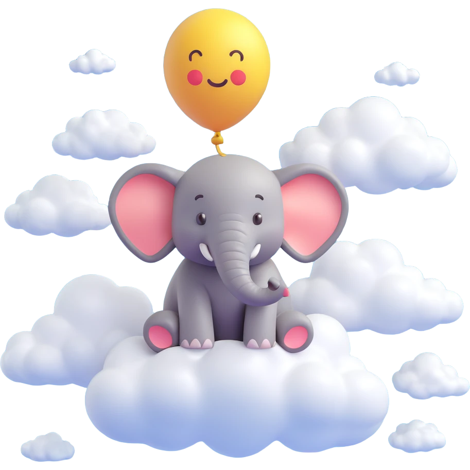 an elephant in heaven, 3D emoji style, floating on clouds emoji
