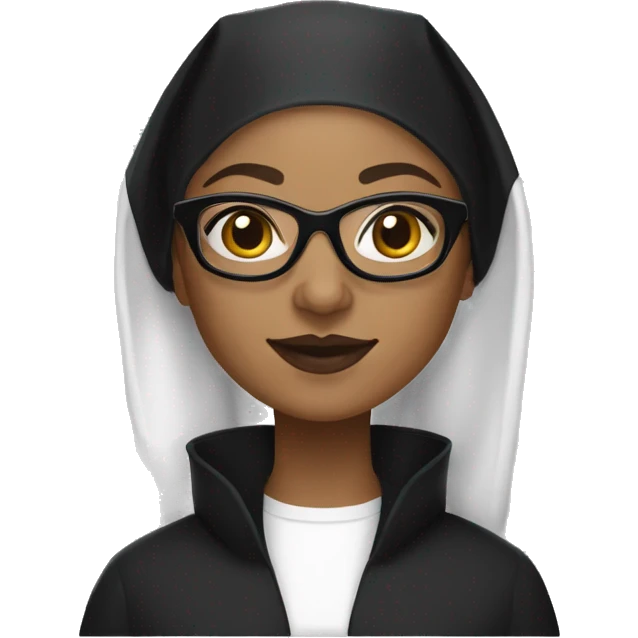 Female nun with medium skin tone and curly hair wearing spike Lee glasses and traditional black nun clothing  emoji