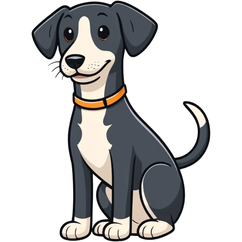 shorthaired black hound dog with white on chest, nose, and paws, full body, happy expression emoji