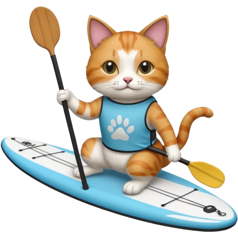 cat on paddle board with “paws” teashirt on emoji