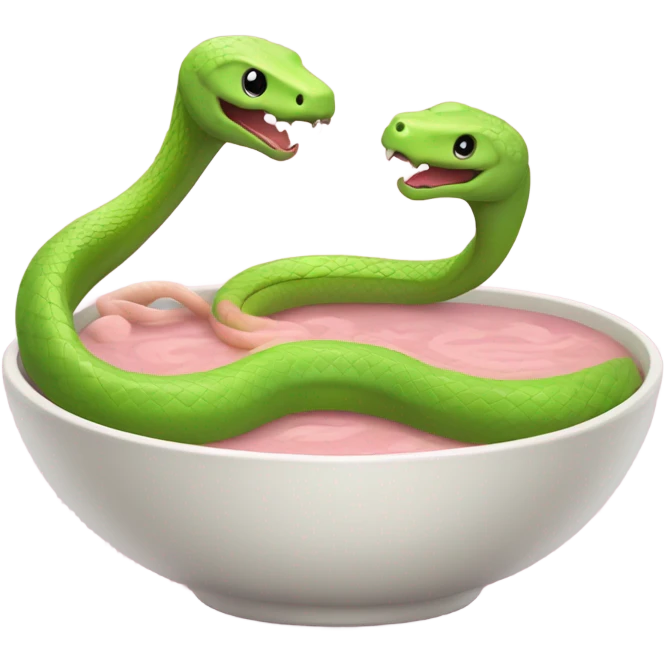 one light pink snake and one lime green snake sharing a bowl of soup in love emoji