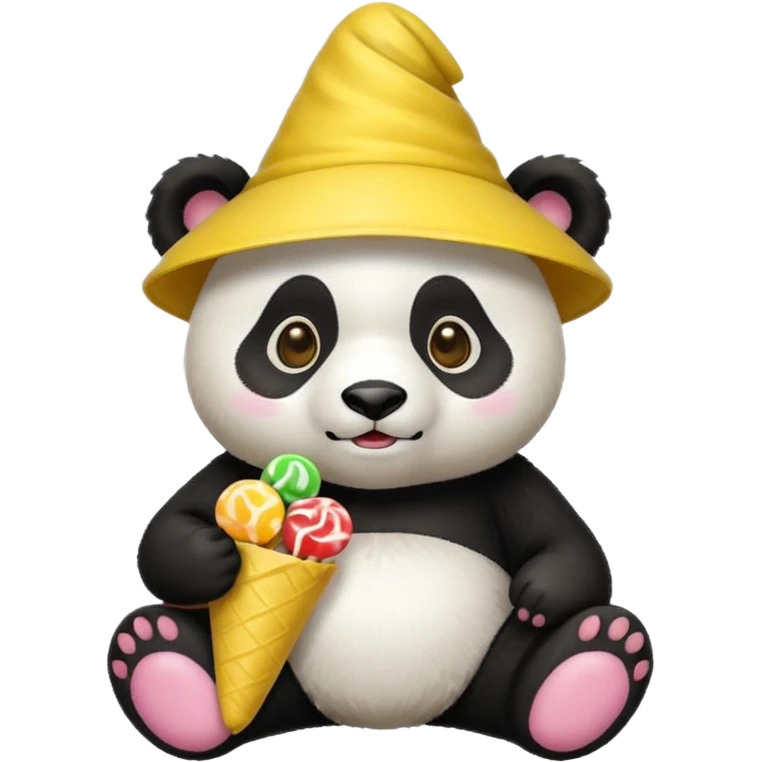 panda with yellow conical hat, candy emoji