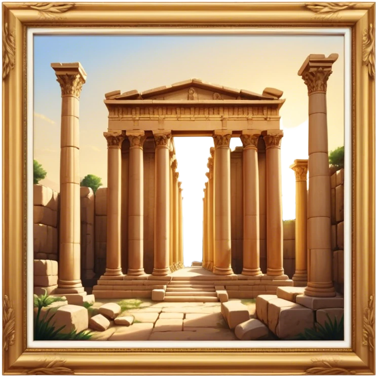 Baalbek temple – Cinematic Realistic Baalbek Temple, depicted as an ancient Roman temple complex with towering columns and intricately carved stone details, bathed in golden sunlight and dramatic shadows that evoke timeless historical grandeur. emoji