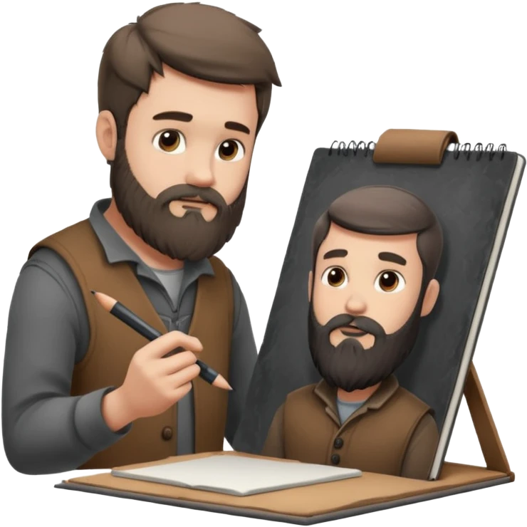 Bearded man  drawing boy character with charcoal in sketchbook emoji