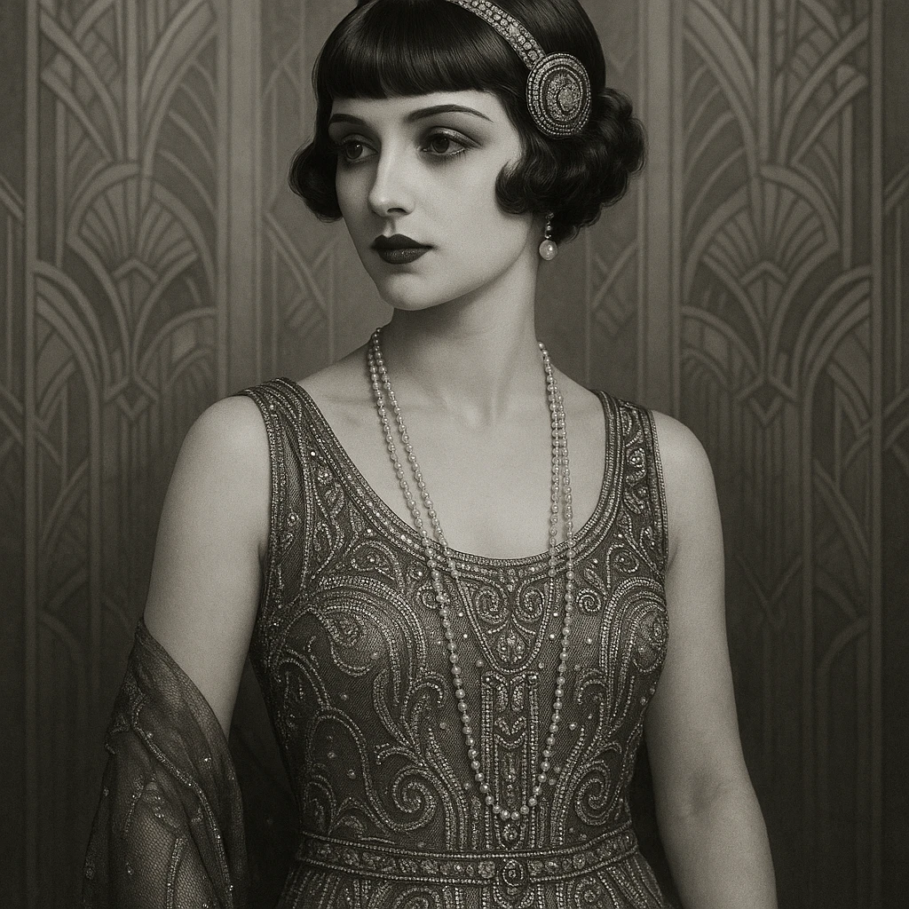 1920s woman, flapper style, short bob haircut, elegant dress, art deco influence, vintage fashion, detailed, elegant emoji