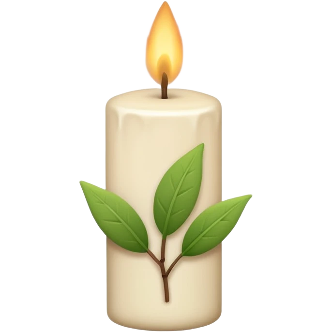 Minimal emoji-style illustration of a candle with a tiny green leaf accent, earthy neutral colors, soft rounded shapes, clean aesthetic look. emoji