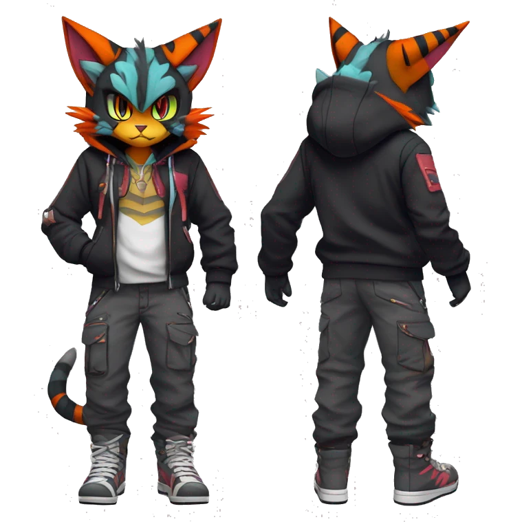 Cool Anthro Noivern-Litten-Lynx-Pokémon with edgy stripes hoodie spiked collar punk techwear Cargo Pants Full Body emoji