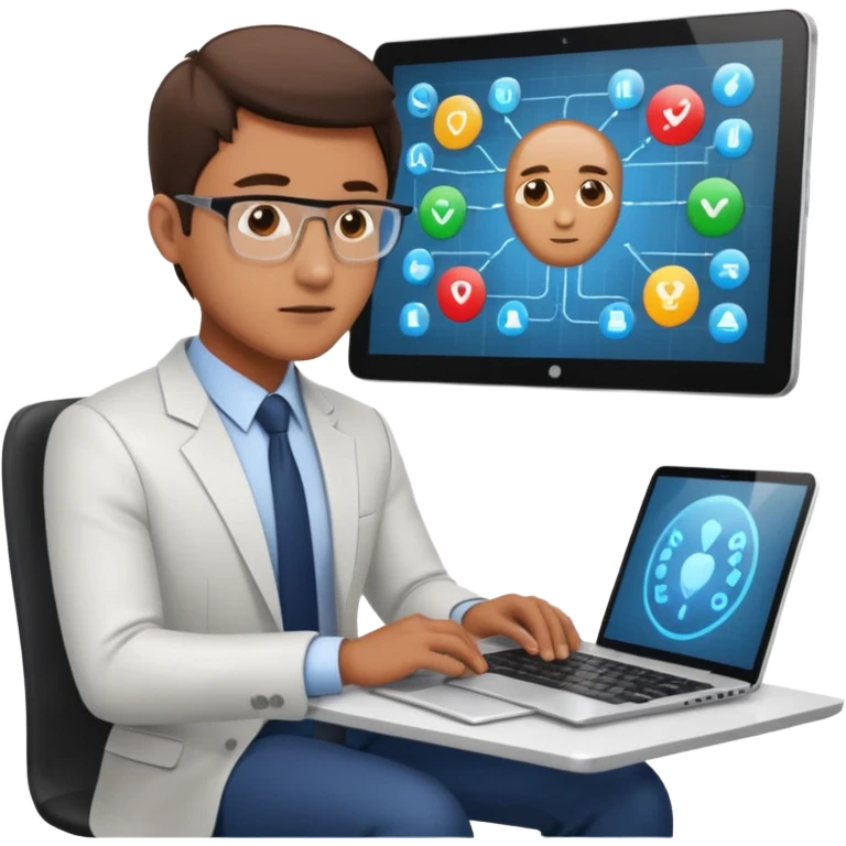 bussiness man technologist working on a laptop watching graphics emoji