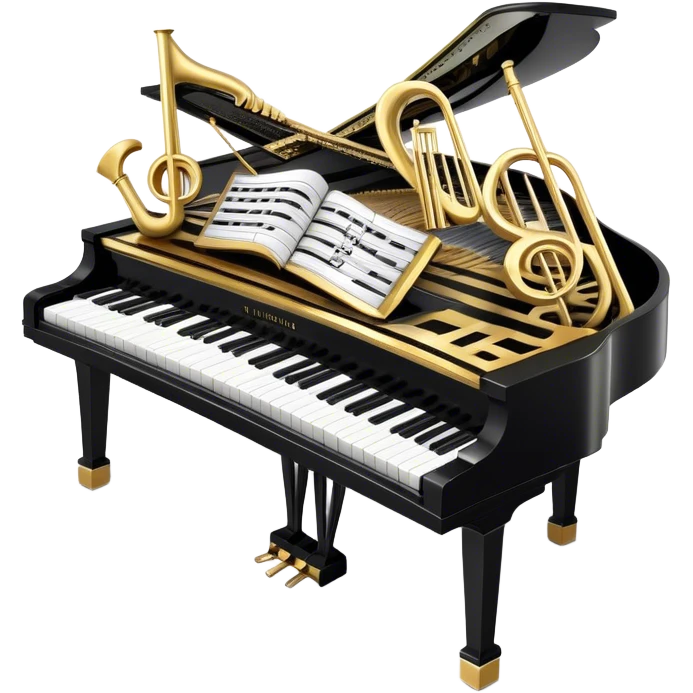 Create an elegant and festive emoji collage representing keyboard instruments, styled like a heraldic emblem. The design should feature a central focal point of black and white piano keys, arranged in a semi-circular or shield-like shape. Around the piano keys, add intertwining musical notes that form flowing ribbons, creating a dynamic and celebratory atmosphere. The design should be professional, with polished silver and gold accents on the keys and notes, highlighting the luxury and sophistication of the instruments. Add subtle shading and lighting effects to give the design a refined, 3D appearance. The background should remain transparent, and the overall feel should evoke grandeur, artistry, and a sense of celebration. emoji