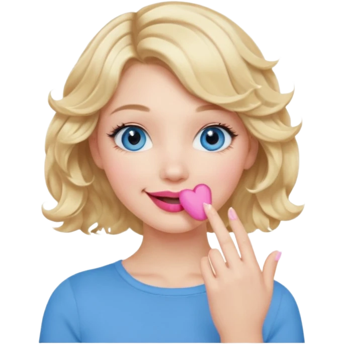 Girl Blonde short wavy hair,  blue eyes, cute blue top, long lashes, pink lips, smiling, hand over the mouth emoji