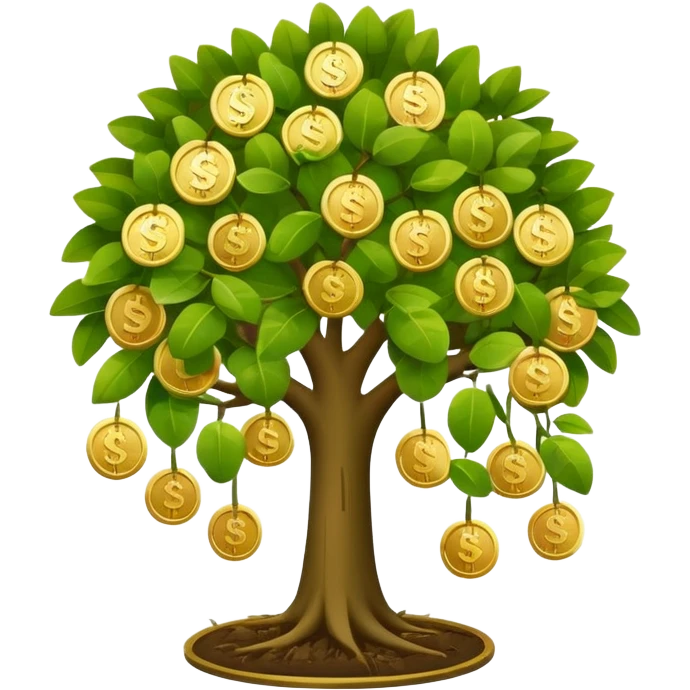 Apple-style money tree (not so mush coins), round soft green canopy.
No pot, no ground — only the tree.
Small gold coins as fruits inside the leaves (not below).
Flat 2D vector, clean shapes, no gradients.
Dark near-black background, premium fintech icon. emoji