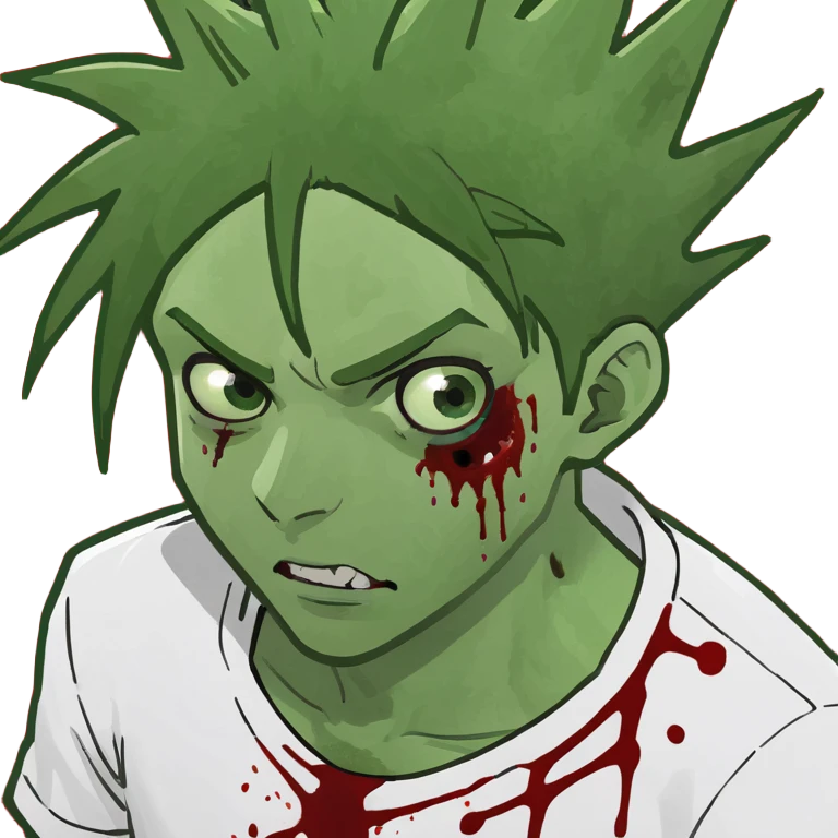 boy zombie emoji with pale whitish green skin, spiky anime hair, blood coming out of eyes, blood on white shirt emoji