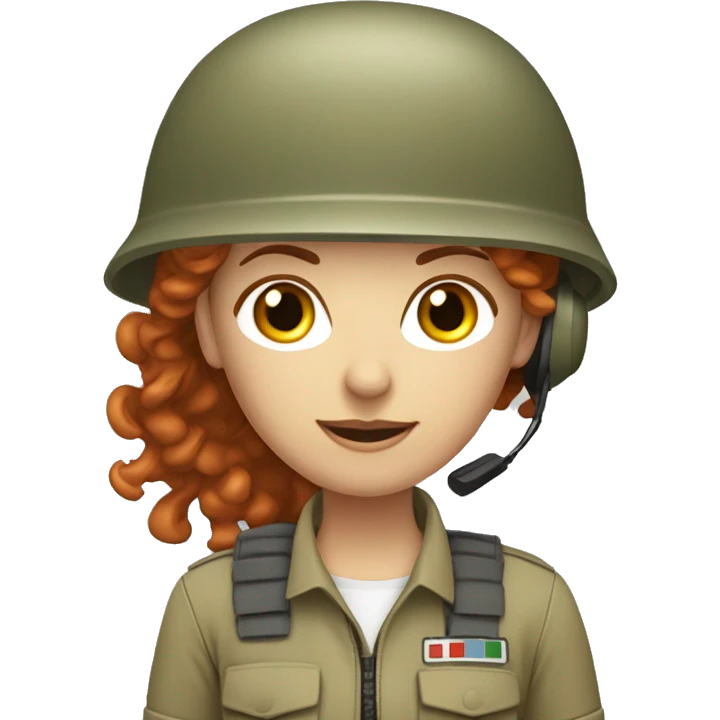 operator dressed in khaki color with a milatary helmet, without glasses, with headset, preferably curly redhead female emoji