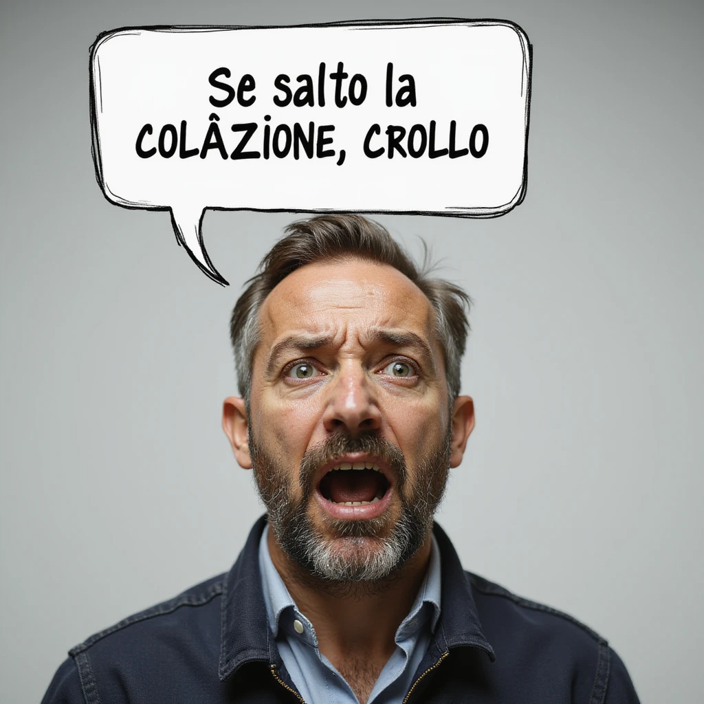 hyperrealistic 4K man isolated on white background with a speech bubble saying 'Se salto la colazione, crollo', worried expression, realistic details emoji
