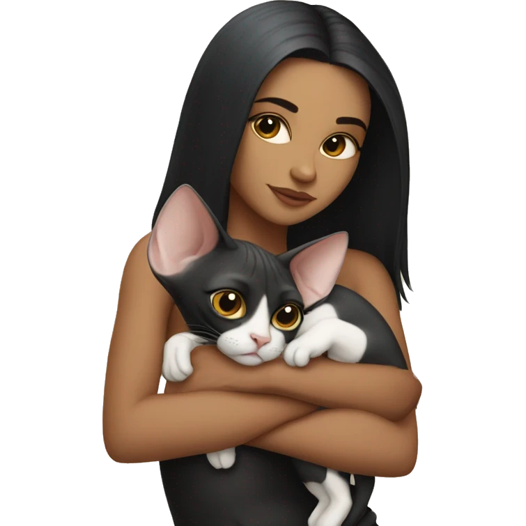 A girl with black hair hugs a sphinx cat emoji