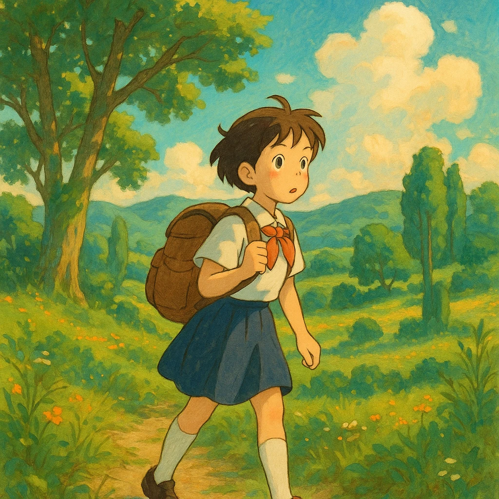 a student travelling, ghibli-inspired style emoji