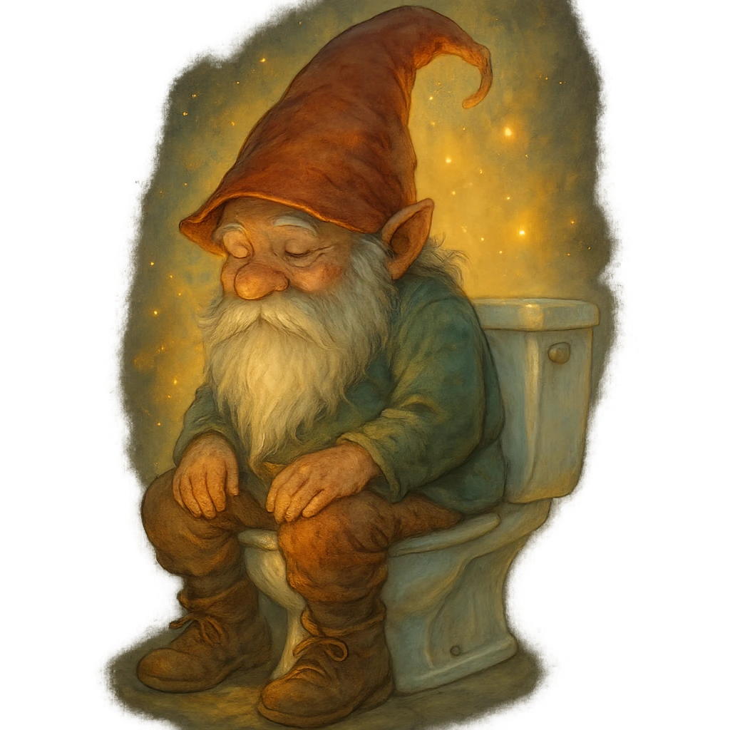 magical realism style gnome sitting on a toilet, detailed, whimsical, glowing light, ghibli style emoji
