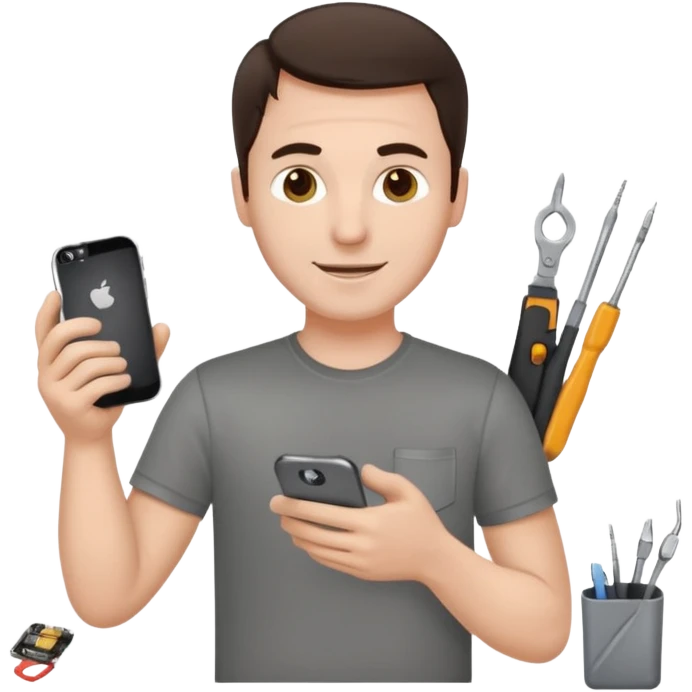 make a white guy with dark brown hair, with a simple white o grey shirt, repairing an iphone happy, tecnician with small tools for phone emoji