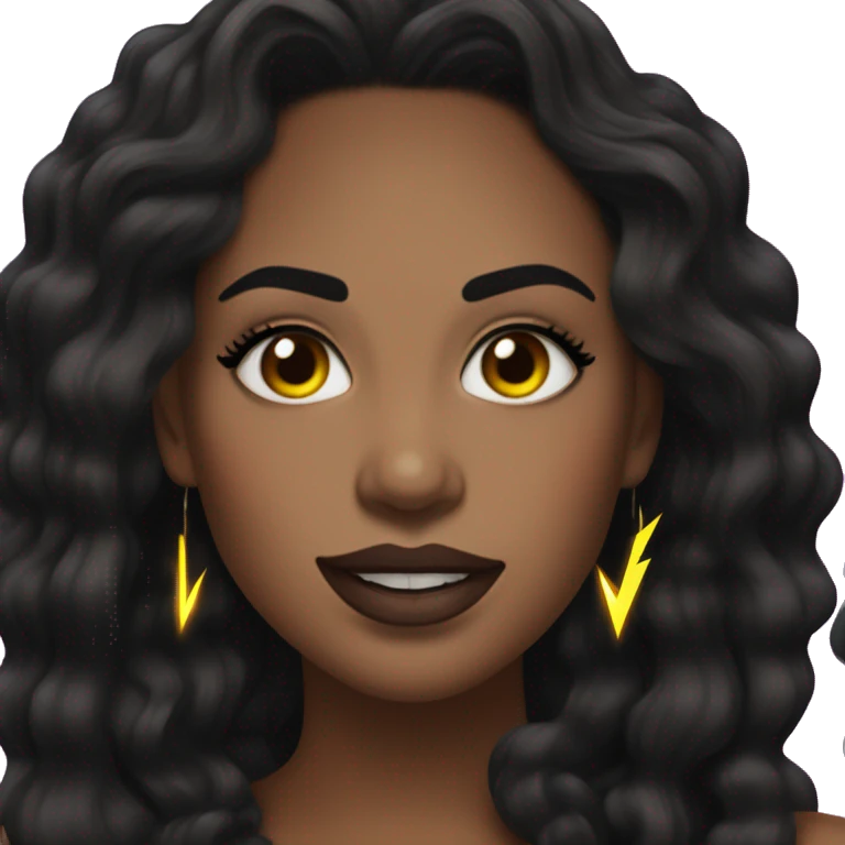 woman with medium, wavy black hair, dark brown eyes and long eyelashes, wearing neon lightning bolt earrings with a tongue piercing and a black top emoji