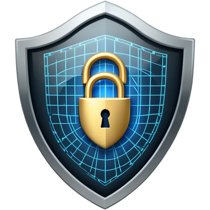 An icon featuring a shield with a padlock, a digital network grid, and binary code, symbolizing cybersecurity. The design includes a hacker’s silhouette, a firewall, and encrypted data flow, representing protection against cyber threats. Transparent background highlights digital security. emoji