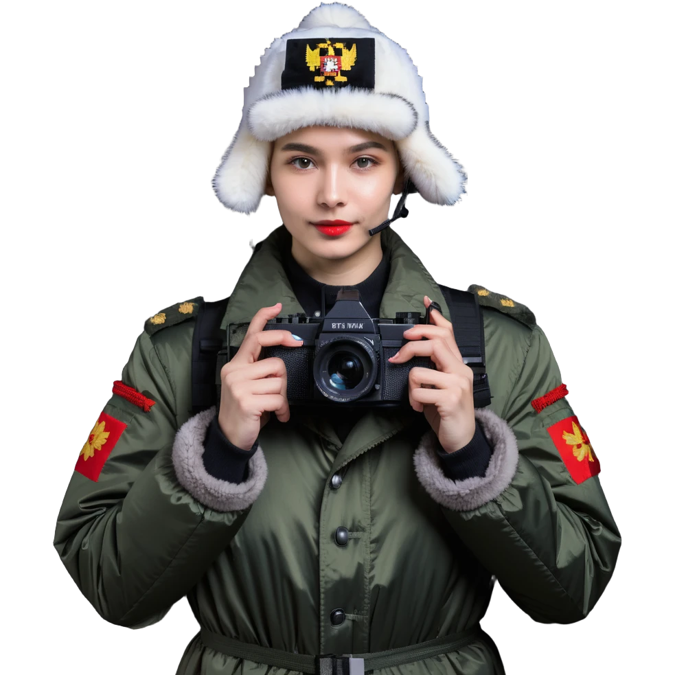 Russian army blogger in an ushanka and vatnik, with a camera or phone emoji