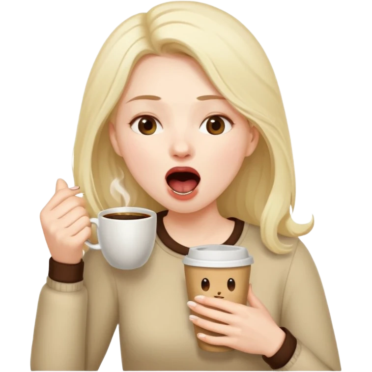 can you make her now look without laptop but having a coffee cup in her head with мешками под глазами и зевающую  emoji