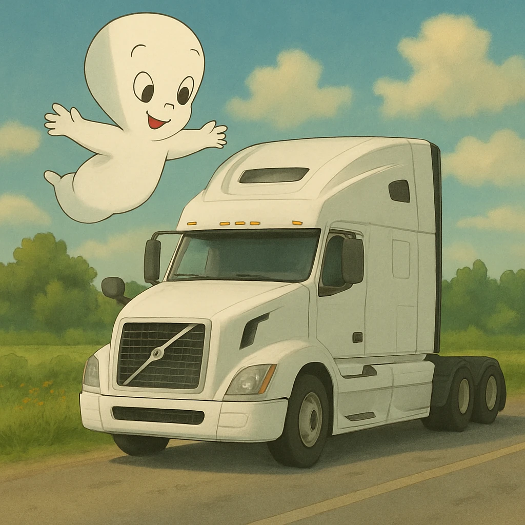 Change the semi truck to white, keep Casper the ghost floating above in ghibli style. emoji