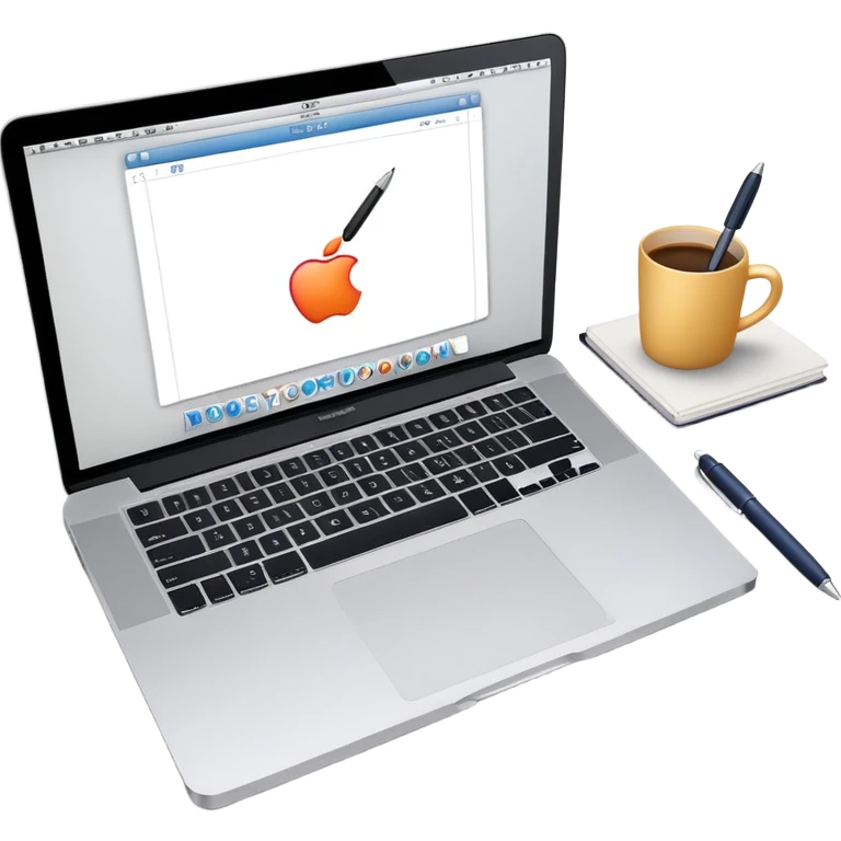 top view of a MacBook and a notebook with a pen nearby emoji