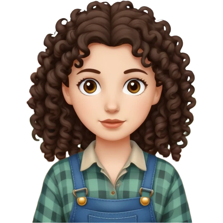 white girl with very curly dark brown hair, brown eyes, wearing farm clothes emoji