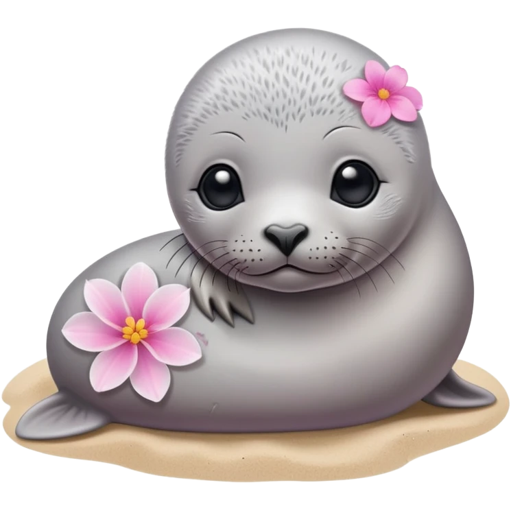 A small, slim baby seal resting gracefully on a sandy beach, with a delicate pink flower placed on its head.  Grey color emoji
