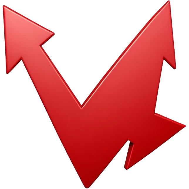 iOS-style 3D emoji: upward-pointing arrow with a zigzag line chart shape, glossy red surface, thick beveled edges, soft shadow, no text, no face emoji