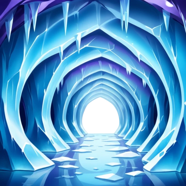 A breathtaking ice cave glowing with blue light, featuring smooth, curved walls made entirely of translucent ice. The interior reflects shimmering shades of blue and purple, with natural light filtering through the frozen surface. Realistic detail, cinematic lighting. emoji