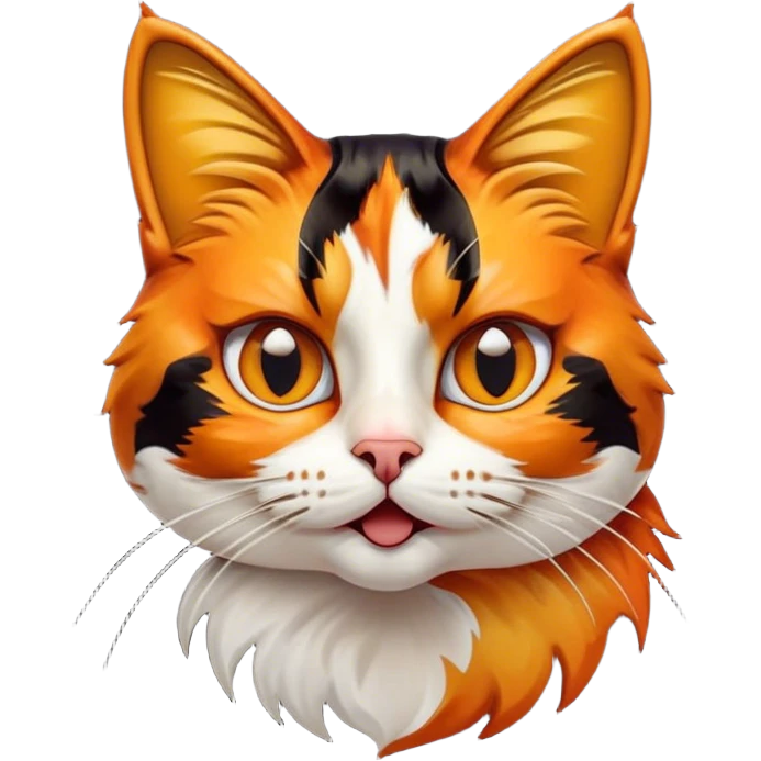 Cinematic Comical Calico Cat Portrait Emoji, Head tilted dramatically with an exaggeratedly surprised expression, showcasing a vibrant patchwork fur of orange, black, and white with wide, comically expressive eyes, simplified yet hilariously detailed, glowing with a sassy, golden radiance, high shine, exuding playful mischief and cheeky feline attitude, styled with a soft glowing outline, capturing the essence of a calico cat that looks ready to leap off the screen with mischievous flair! emoji