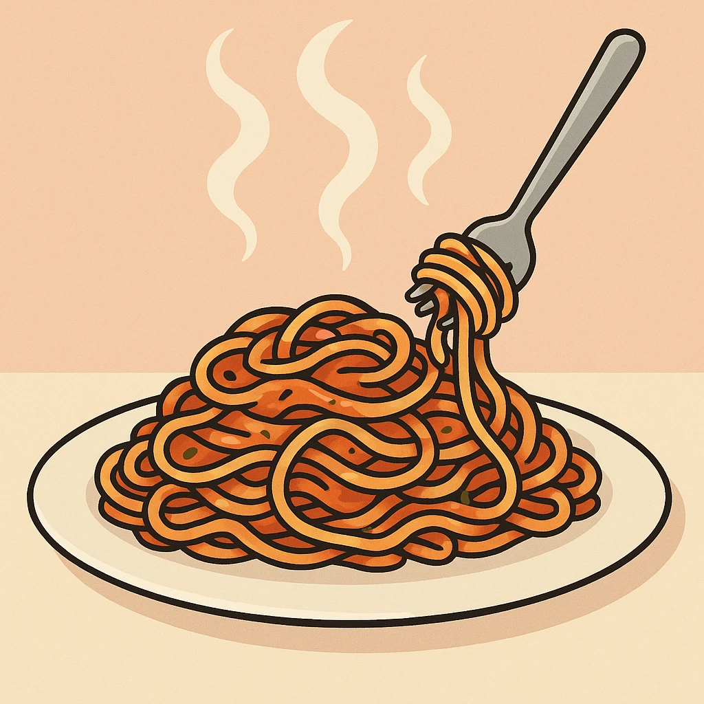 a cartoon-style plate of vodka pasta, steam rising, with a fork twirling noodles emoji