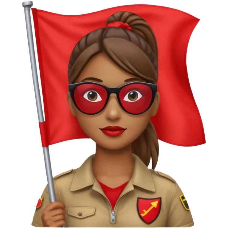 Una mujer morena con una coleta y gafas de sol y una bandera roja en la mano emoji