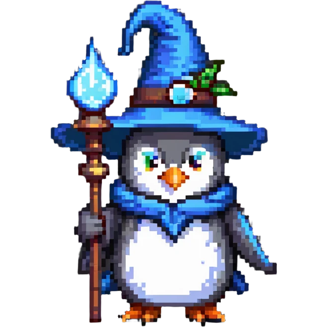 penguin wizard with a pointy hat and magic staff emoji